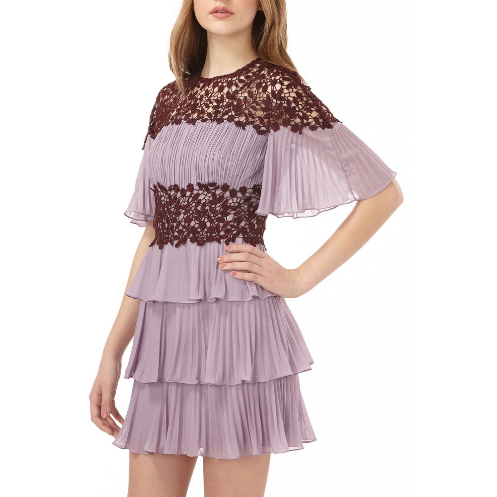AMUR Minka Lavender Pleated Tiered Mini‎ Dress with Plum Floral Lace Size 2